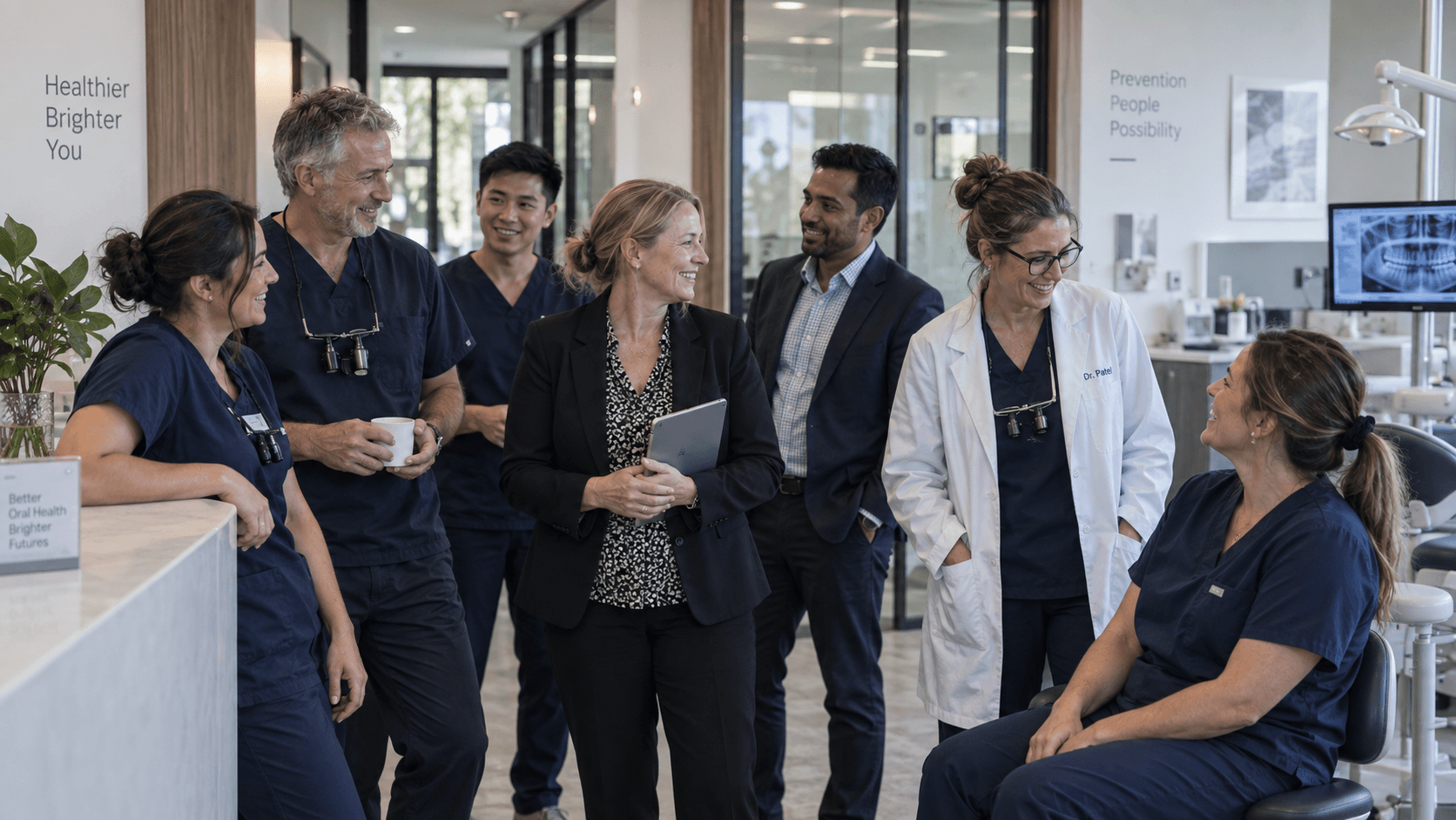 The DentiCare powered by Payon clinical and leadership team smiling together in a bright, modern practice